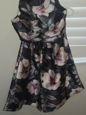 Girls Black Floral Satin Party Dress